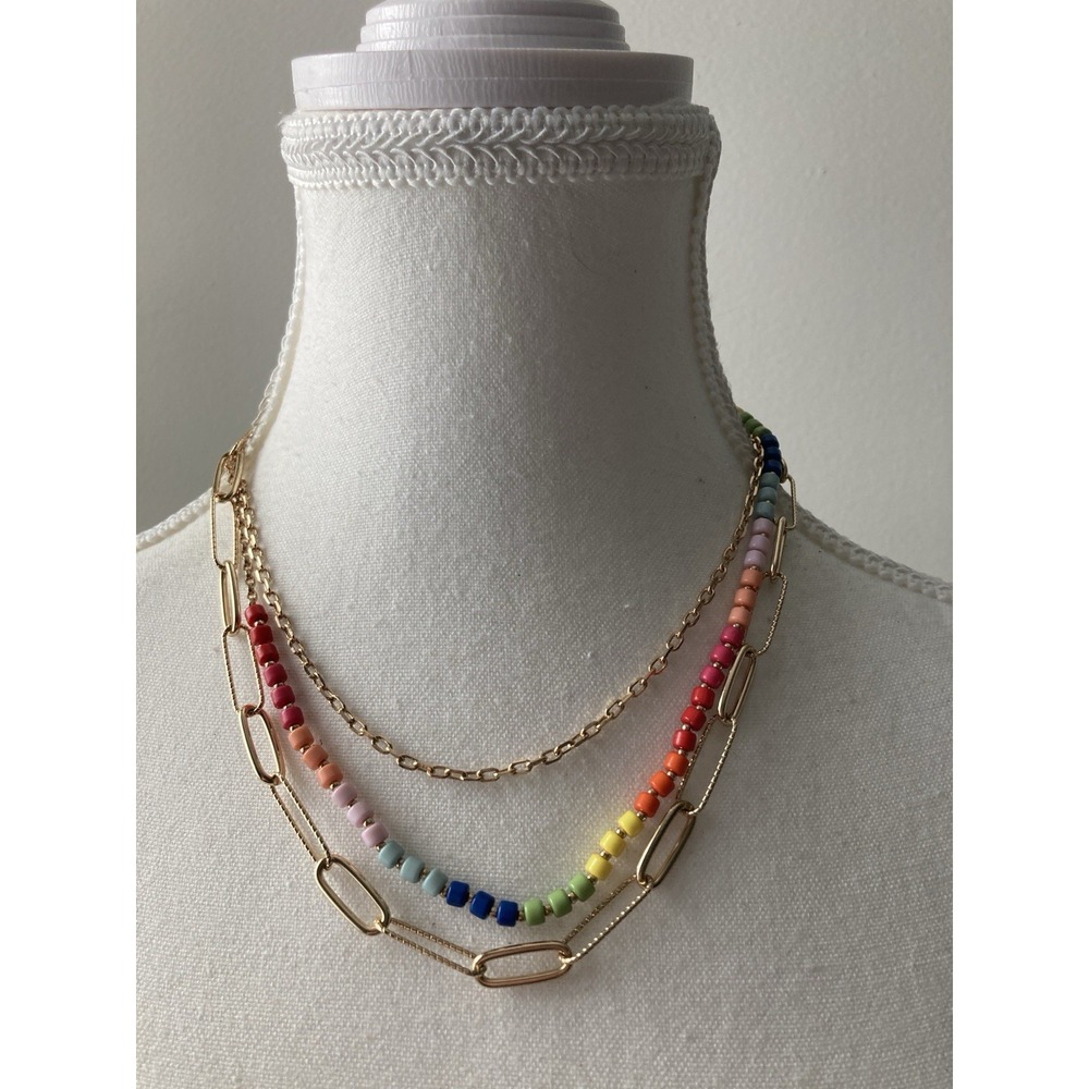 Gold Tone Layered Paperclip‎ Rainbow Bead Necklace Colorful Choker Multi Strand